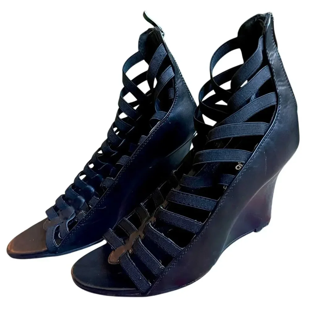 Rue21 etc Strappy Wedge 3 1/2” Heels Faux Leather Size Large 8 / 9 Black